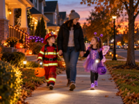 Parent and children walking safely on a suburban sidewalk in Halloween costumes