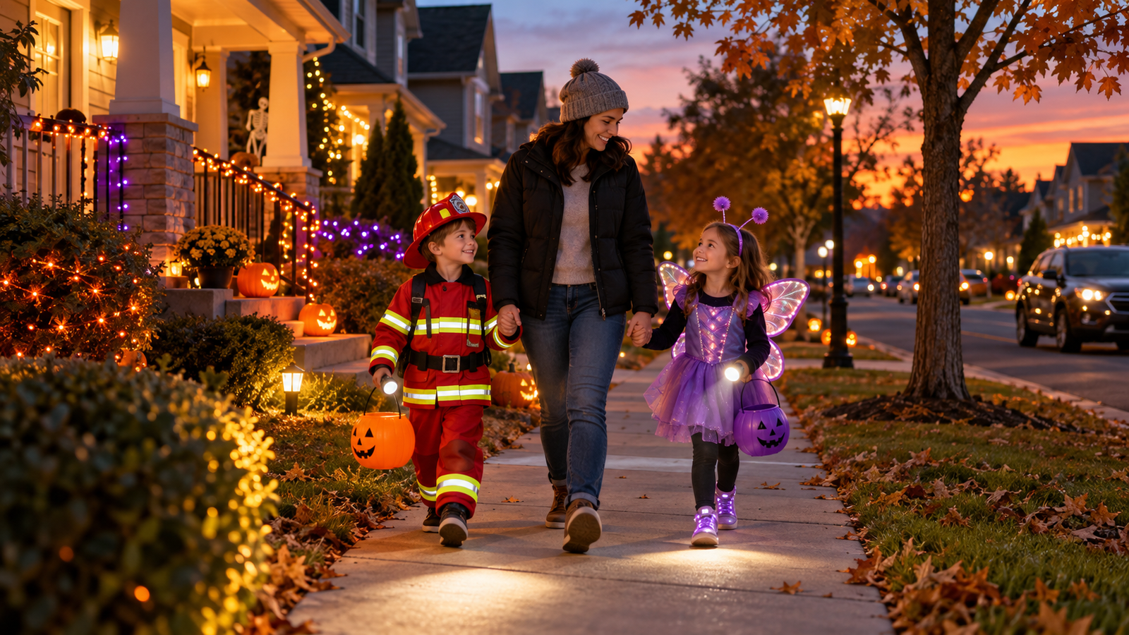 Parent and children walking safely on a suburban sidewalk in Halloween costumes
