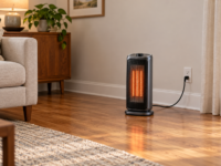 Electric space heater on a clear hardwood floor with its cord plugged directly into a wall outlet