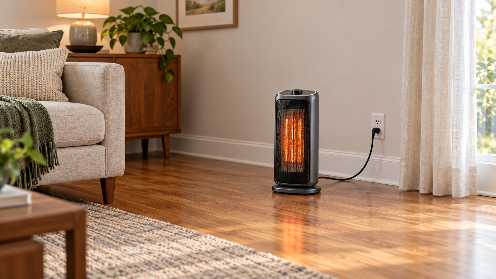 Electric space heater on a clear hardwood floor with its cord plugged directly into a wall outlet