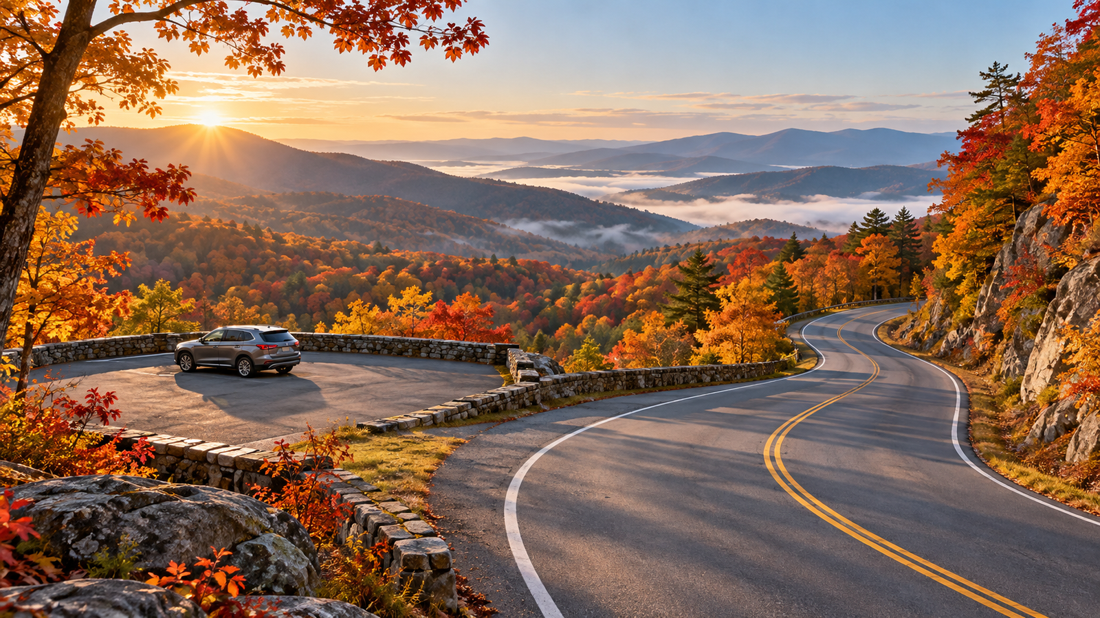 Autumn forest and Appalachian hills beside a winding road and a designated scenic overlook