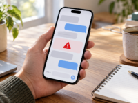 Hand holding a phone with abstract message bubbles and a warning symbol
