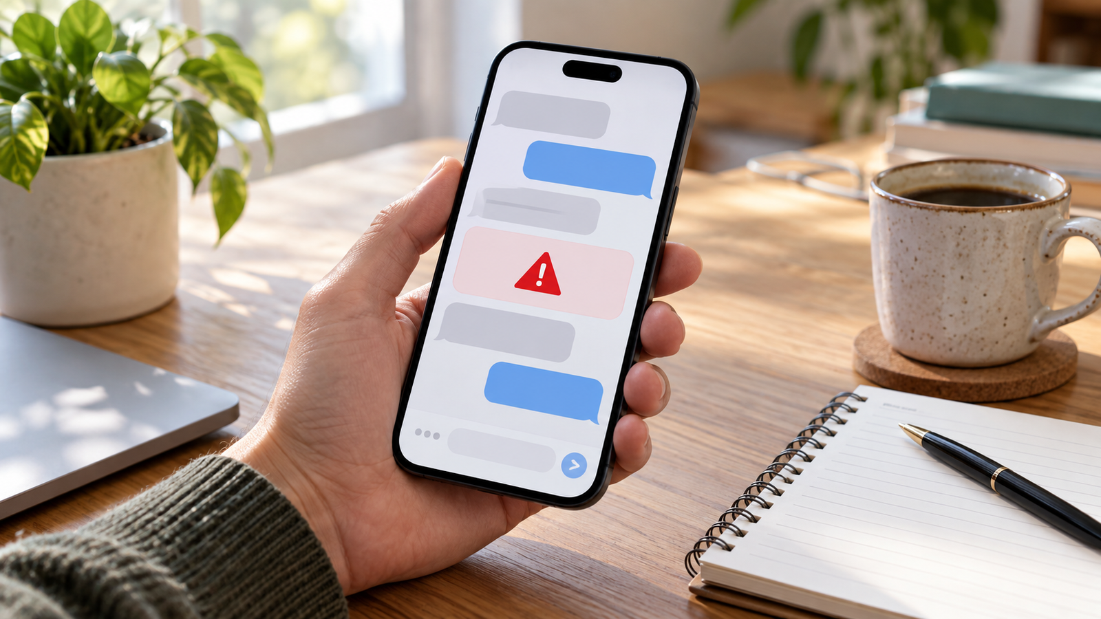 Hand holding a phone with abstract message bubbles and a warning symbol
