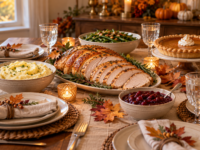 Small Thanksgiving table set for four with turkey breast, vegetables and pumpkin pie
