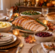 Small Thanksgiving table set for four with turkey breast, vegetables and pumpkin pie