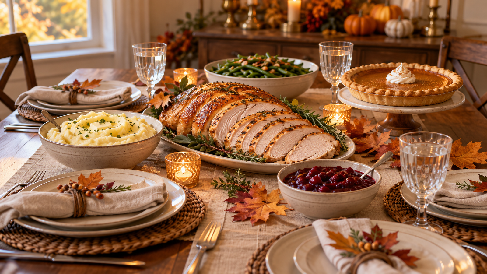Small Thanksgiving table set for four with turkey breast, vegetables and pumpkin pie