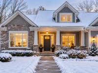 Snow-covered US home with a clear front walkway and warm lights in the windows