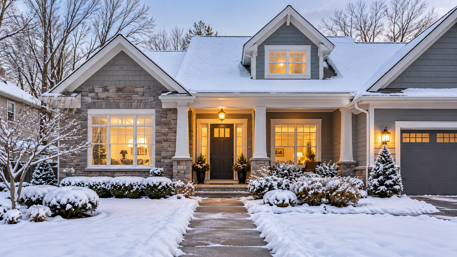 Snow-covered US home with a clear front walkway and warm lights in the windows