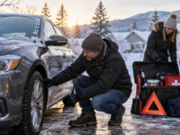 Driver checking a car tire and winter emergency supplies in a snowy driveway