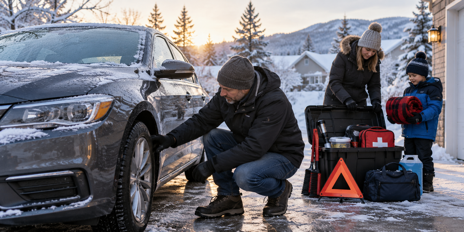 Driver checking a car tire and winter emergency supplies in a snowy driveway