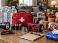Household emergency kit with water flashlight radio food and first aid supplies