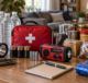 Household emergency kit with water flashlight radio food and first aid supplies