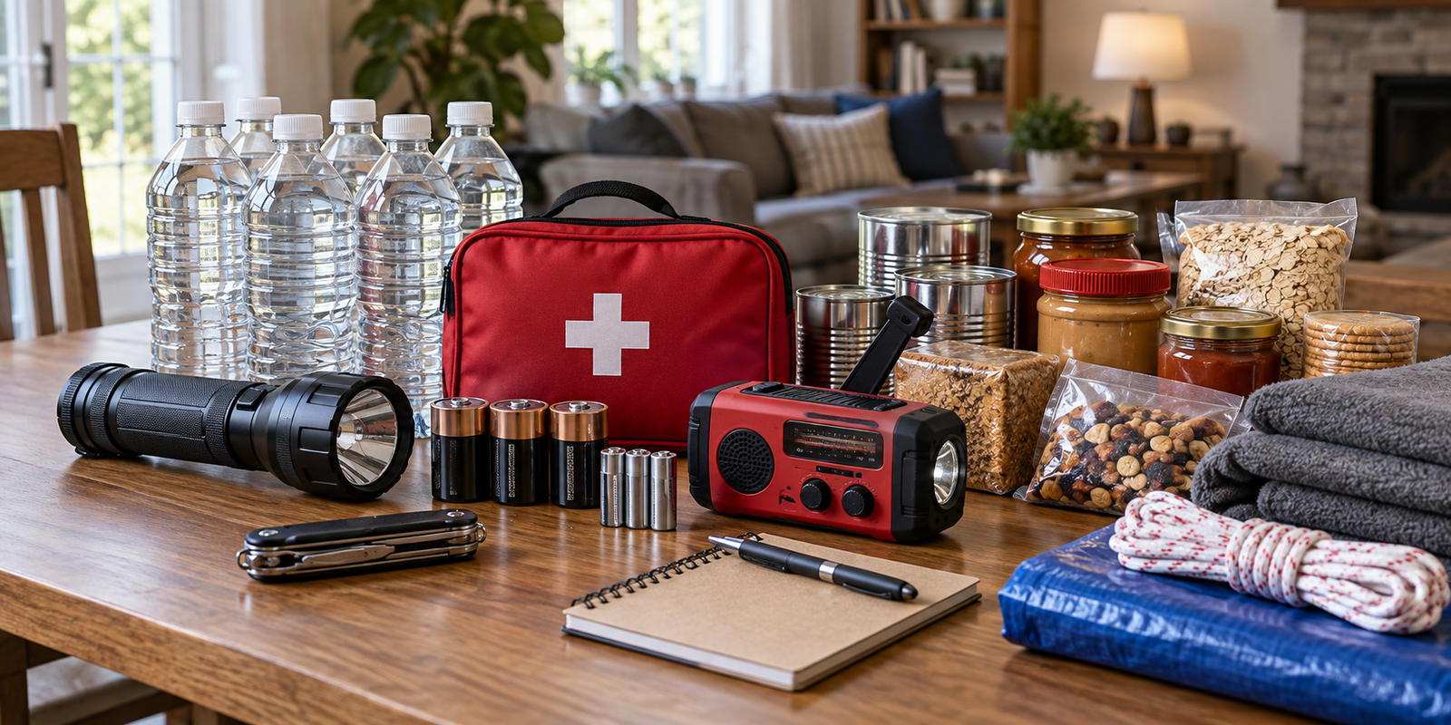 Household emergency kit with water flashlight radio food and first aid supplies