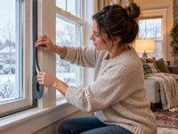 Homeowner applying weatherstripping around a winter window