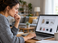 Online shopper carefully reviewing a store on a laptop