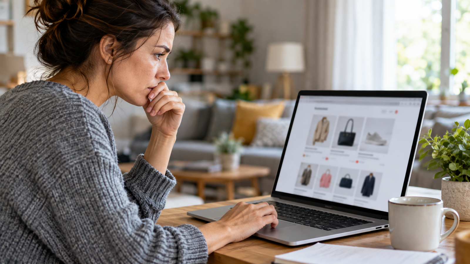 Online shopper carefully reviewing a store on a laptop