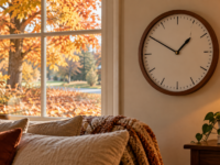 Analog clock by an autumn window as daylight saving time ends
