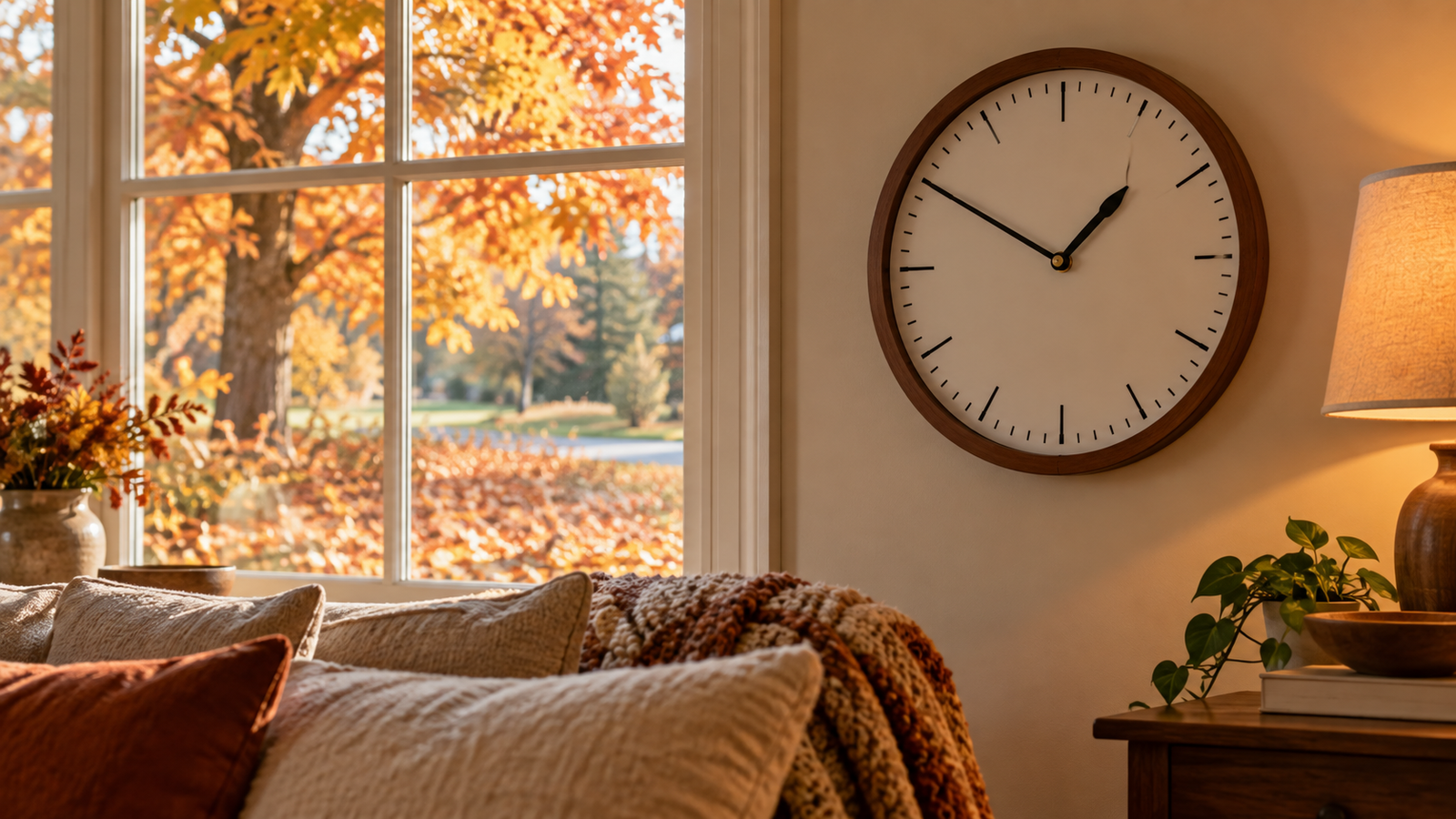 Analog clock by an autumn window as daylight saving time ends