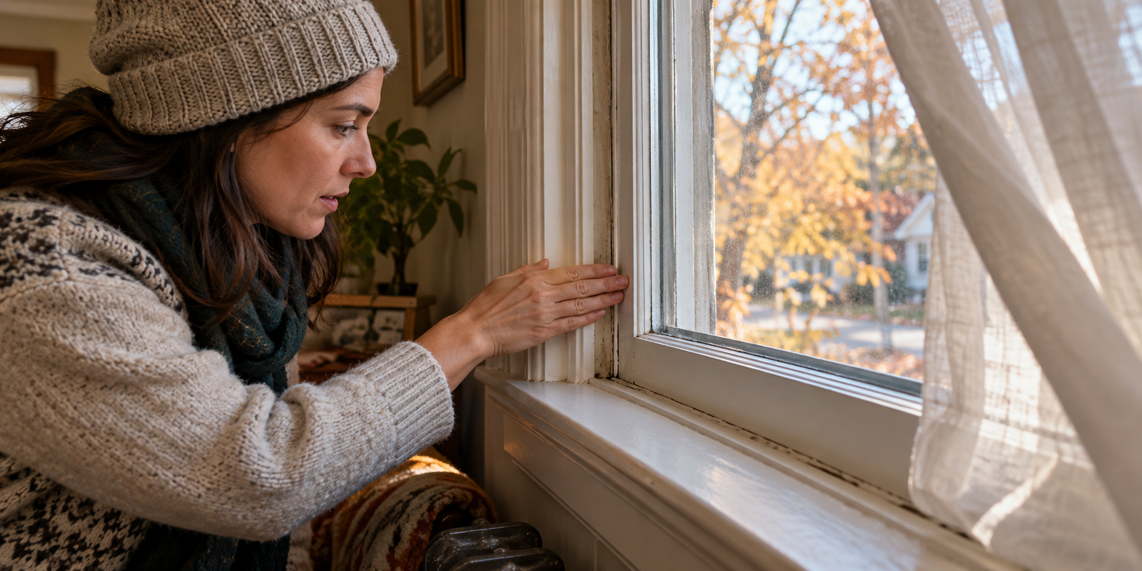 Homeowner checking a draft around an older window