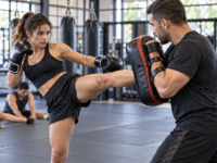 Woman practicing a controlled kickboxing drill with a coach in a modern MMA gym